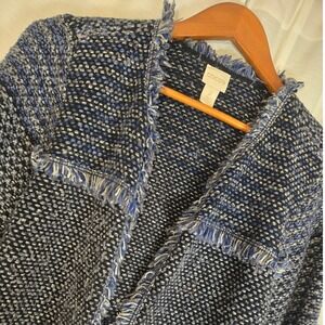 Chicos Blue Fringe‎ Open Front Cardigan Jacket Blazer Size 12 Career